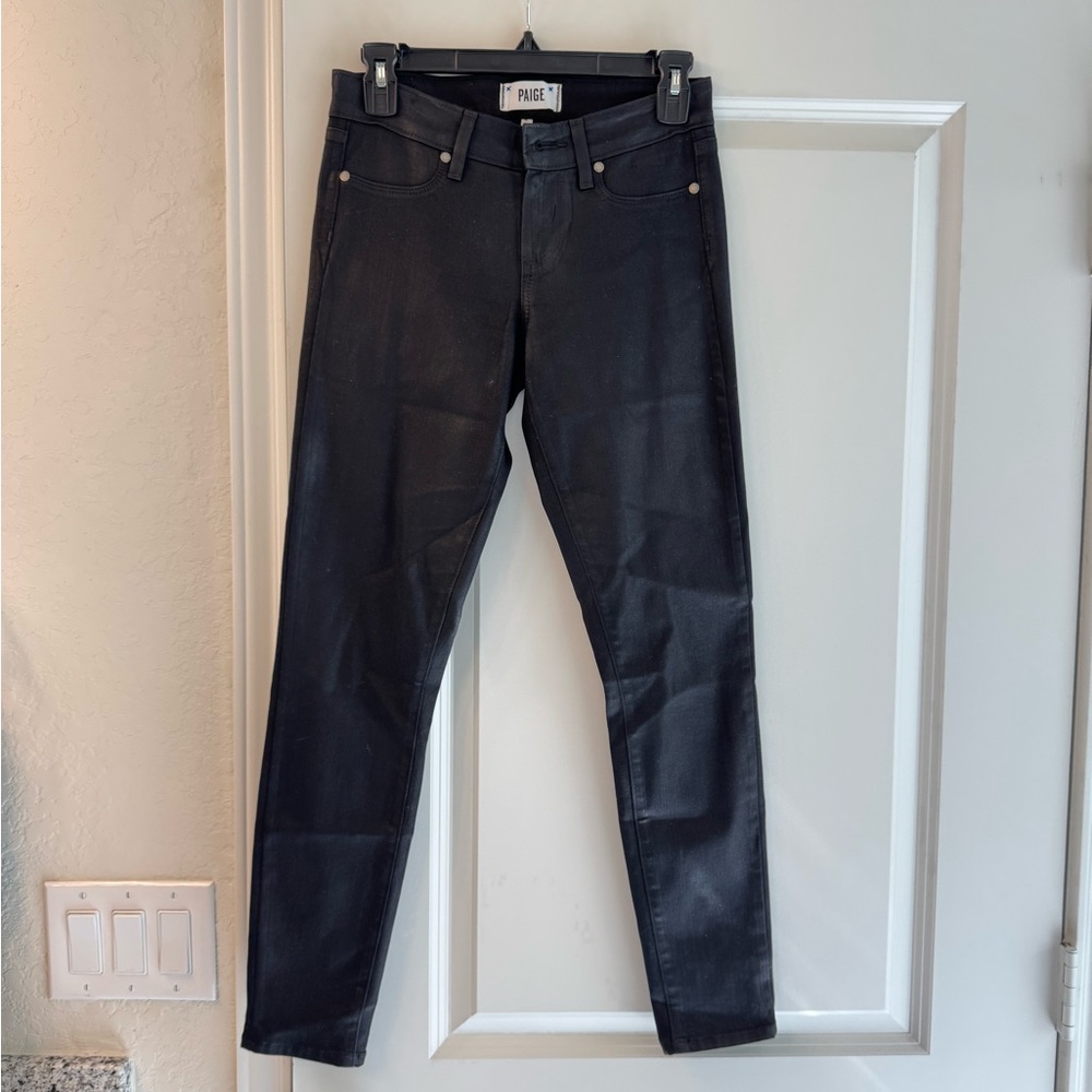 PAIGE Women's Dark Leather Shiny Skinny Jeans